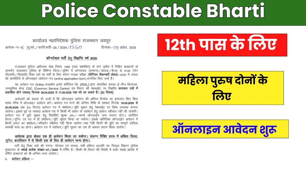 Rajasthan Police Constable Recruitment 2025: पुलिस कॉन्स्टेबल के 8,148 पदों पर भर्ती, 12वीं पास करें अप्लाई