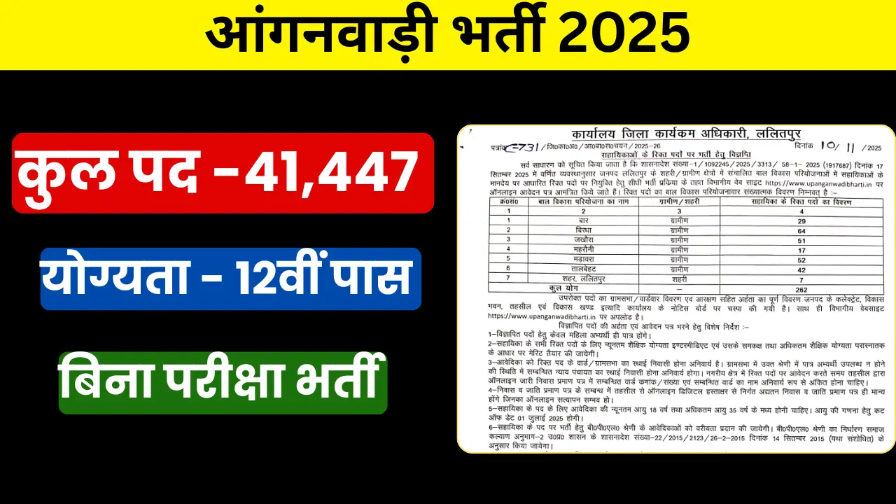 UP Anganwadi Bharti 2025: आंगनवाड़ी में 41,447 पदों पर 12वीं पास के लिए भर्ती